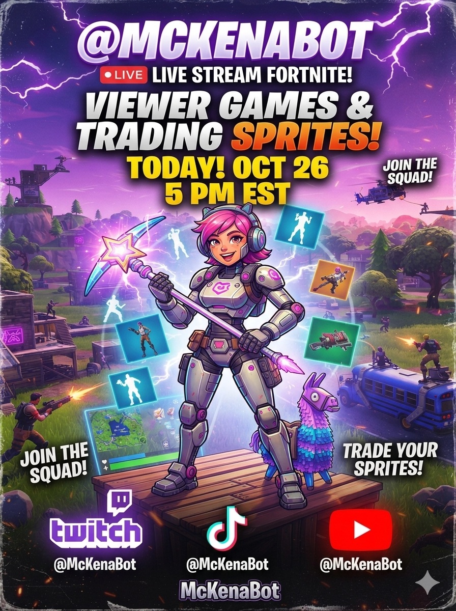 McKenaBot's tweet photo. Come hangout with me, chat, play, and trade Sprites on my Live Fortnite Stream TODAY at 5 PM EST.

I hope to see you there!

#gamergirl #fortnite #webcam #woman #english https://t.co/uAHMxdXE1V