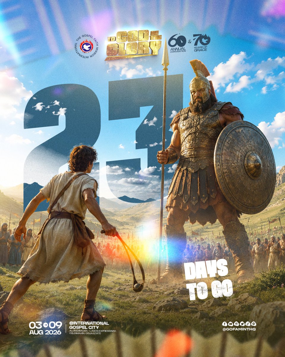 gofaminthq's tweet photo. 23 Days to Go!

Every giant that stands before you is another opportunity for God to reveal His greatness.

Just as David stood before Goliath with unwavering faith, we count down with confidence, knowing that every impossible situation becomes a testimony when God steps in. https://t.co/oxXPo6Urpf