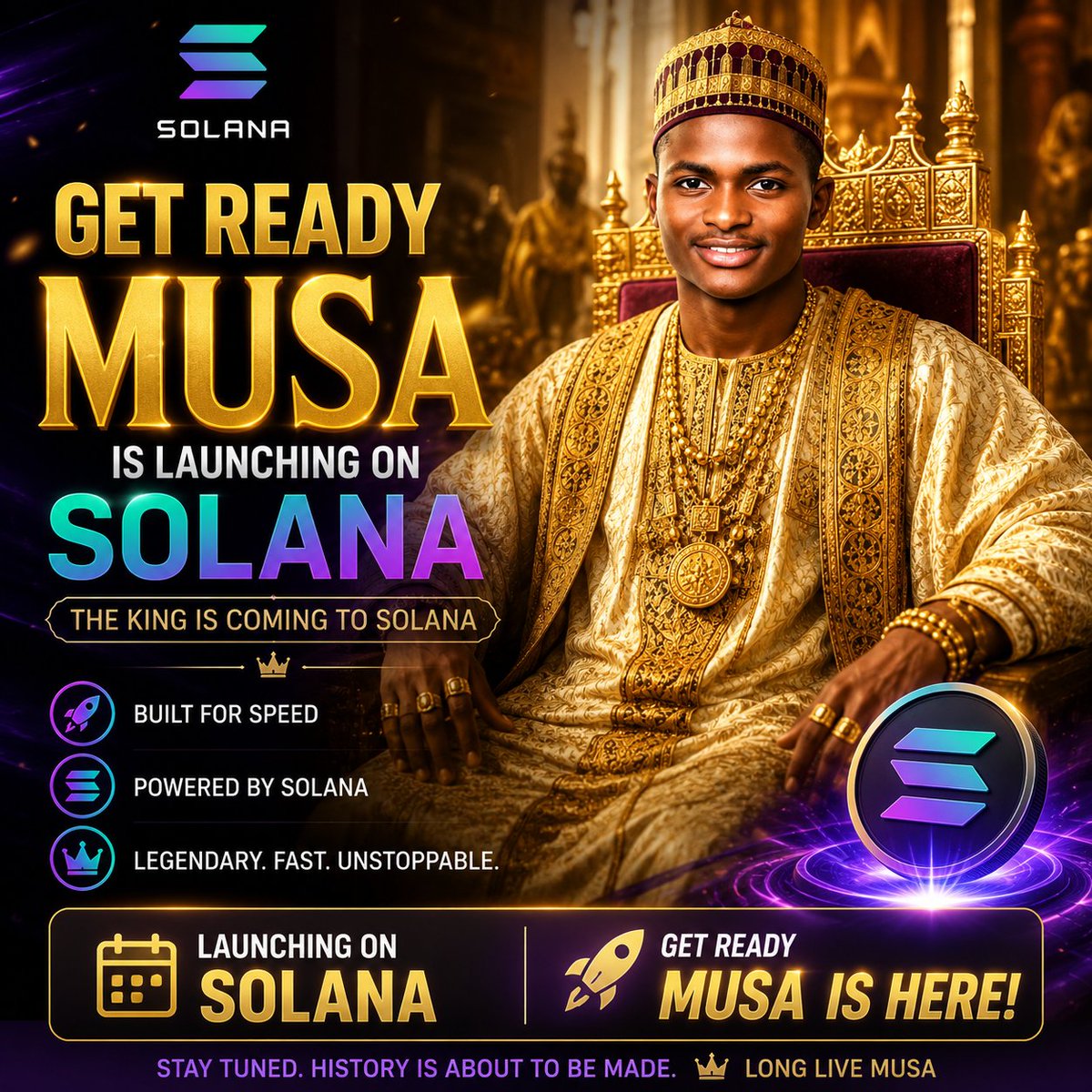 MUSAMANSATOKEN's tweet photo. 🚀 MUSA is launching on Solana! Don't miss your chance to be early. Stay tuned for the official launch and get ready for the next big move. 🔥

#MUSA #Solana #Crypto #Memecoin #Web3 https://t.co/VYlrOXk7lH