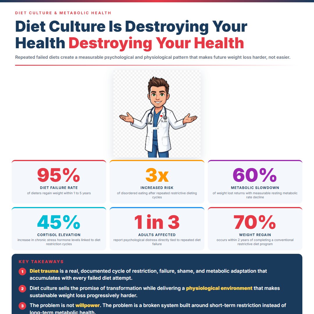 MohammedAlo's tweet photo. 🚨 Diet culture does not make you healthy. It makes you sick, and the research proves it.

45 million Americans go on a diet every year. The vast majority end up heavier, more anxious, and more metabolically broken than when they started.

But we keep selling the same lie.

🔬 Here is what the science actually says.

Chronic restrictive dieting triggers cortisol elevation, disrupts the hypothalamic-pituitary-adrenal axis, and drives insulin resistance. The biological stress response to repeated caloric deprivation is nearly identical to the stress response from psychological trauma. Your body does not know the difference between a famine and a juice cleanse. It just knows it is starving.

💓 The data on yo-yo dieting is not a footnote. It is a warning.

Weight cycling. repeated cycles of loss and regain. increases cardiovascular mortality risk by 41% in some cohort analyses. It raises LDL. It lowers HDL. It increases visceral adiposity with every cycle. The person who has dieted 10 times is not 10 times healthier. They are metabolically worse off than the person who never dieted at all.

🩺 I am a cardiologist. I see the downstream damage of diet culture in my clinic every week.

Patients who have restricted calories for decades and developed orthorexia, disordered eating, and cortisol-driven hypertension. Patients whose A1C went up, not down, after years of elimination diets. Patients who were told to eat less and move more, followed that advice faithfully, and ended up with a slower metabolism, higher inflammatory markers, and a broken relationship with food.

That is diet trauma. And it is real.

⚠️ The worst offenders in the diet culture space.

❌ Extreme caloric restriction below 1200 calories per day does not preserve lean muscle mass. It destroys it.

❌ Detox cleanses do not remove toxins. Your liver and kidneys do that. A $90 juice does not help them.

❌ Elimination diets pursued without clinical indication do not reduce cardiovascular risk. They increase nutritional deficiency risk.

❌ The number on the scale is not a surrogate for metabolic health. A patient can be thin and metabolically devastated.

🔬 What actually works.

✅ Sustainable caloric moderation, not restriction. Eating in a modest deficit of 300 to 500 calories per day preserves muscle, reduces fat, and avoids the cortisol spike of aggressive cutting.

✅ Protein adequacy. 1.2 to 1.6 grams per kilogram of body weight per day protects lean mass and satiety simultaneously.

✅ Resistance training. The single most underutilized metabolic intervention in preventive cardiology. It improves insulin sensitivity, lowers resting heart rate, and increases resting metabolic rate.

✅ Addressing the psychological relationship with food. Cognitive behavioral interventions for disordered eating reduce binge eating episodes by 60% in randomized trials. The mind-body connection in metabolic health is not optional science.

🫀 A patient who stops chasing the next diet, builds consistent protein intake, trains with weights three times per week, and works with a behavioral health provider can reverse metabolic syndrome markers in 6 to 12 months.

That is the difference between diet trauma and genuine cardiovascular health.

❤️ Bottom line:

Diet culture is not a wellness movement. It is a $78 billion industry that profits from your failure and recycles you back for the next product.

The research on weight cycling, cortisol disruption, and disordered eating spans decades and hundreds of thousands of patients. This is not fringe science.

Stop restricting. Start building. Prioritize protein, resistance training, sleep, and stress management over the next cleanse.

The question is no longer what diet should you follow. The question is whether diet culture has already done damage you need to repair.

Have you ever felt worse after a diet than before you started it?

#Cardiology #HeartHealth #HeartDisease #CardiovascularHealth #DietCulture #DietTrauma #MetabolicHealth #WeightCycling #PreventiveCardiology #LifestyleMedicine