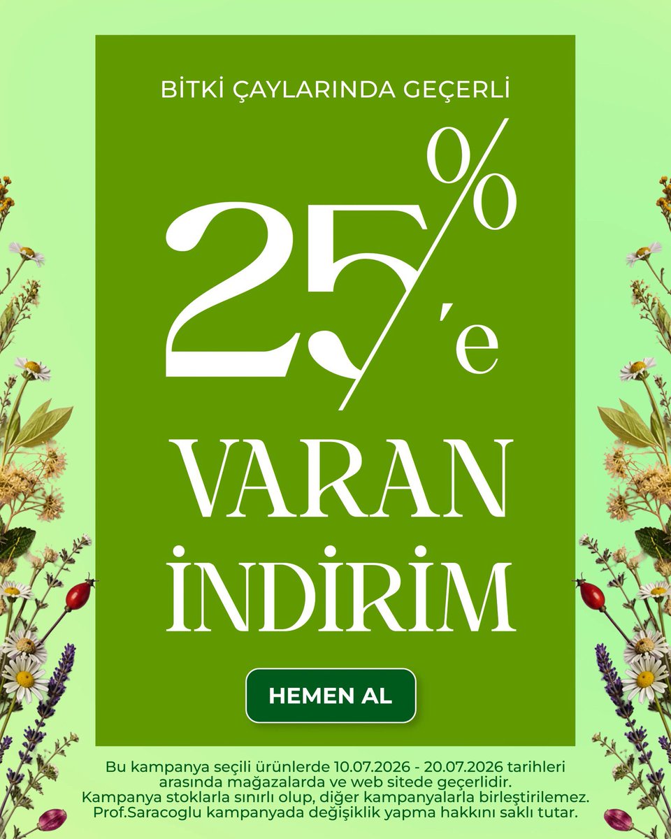 Profsaracoglu34's tweet photo. Günün en keyifli anı, tazeleyici bir çay molası! 

🌿Eşsiz aromalarıyla öne çıkan bitki çayları çeşitlerimizde %25'e varan indirim başladı. 

Kendinize en uygun lezzeti seçmek için hemen web sitemizi ziyaret edin. https://t.co/2mJ3cOj7q4

#profsaracoglu #bitkicaylari https://t.co/2PV5HN0sb0
