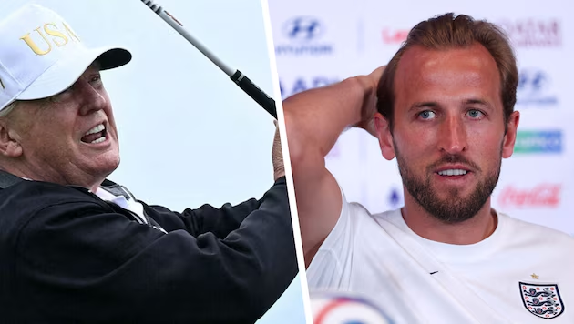 krone_at's tweet photo. Offenbar auf Wunsch Donald Trumps spielten der US-Präsident und Englands Starstürmer Harry Kane in Florida eine Partie Golf miteinander. https://t.co/AjrM5U7hhY https://t.co/6HiwtLQOpc