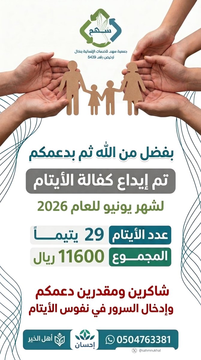 sahmnukhal's tweet photo. بفضل من الله ثم بدعمكم تم إيداع كفالة الأيتام لشهر يونيو للعام 2026م
شكر الله لكم بذلكم وعطائكم وأجزل لكم المثوبة والأجر ورزقكم مرافقة نبينا محمد صلى الله عليه وسلم
البرنامج برعاية منصة إحسان @EhsanSA وأهل الخير https://t.co/PewvzelExv