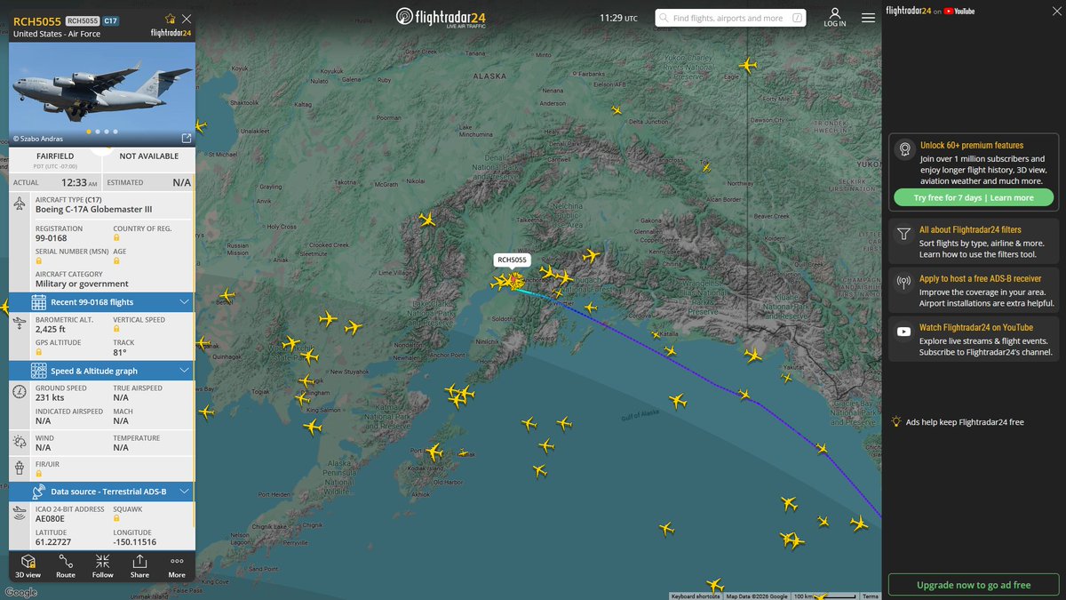 AIYeyENGDdJkjTr's tweet photo. July 11, 2026
#Fairfield Travis Air Force Base ==> #Anchorage Elmendorf Air Force Base
#RCH5055 #AE080E USAF C-17A Globemaster III https://t.co/1WgnufqiPJ