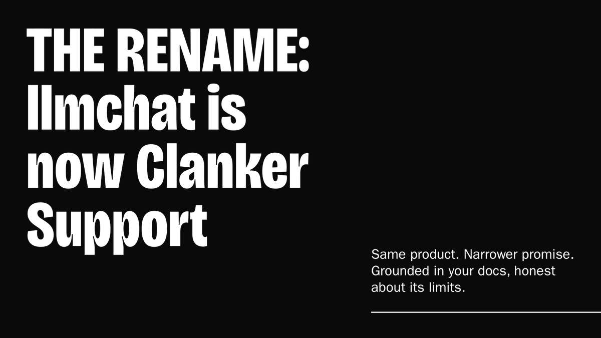 HaythamChhilif's tweet photo. Clanker Support didn't start as Clanker Support. It started as "llmchat" — a generic name for a generic idea.  

The product only got good when I got specific: not "an AI chat thing," but "the support bot that doesn't lie to your customers."  

Narrow your promise. Then keep it.