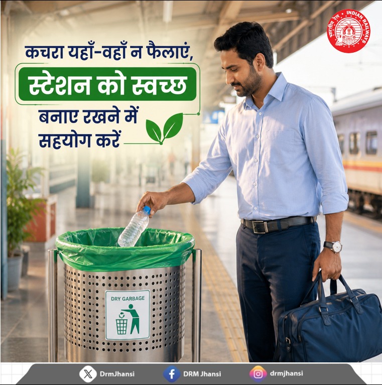 DrmJhansi's tweet photo. 🚆✨ आपकी एक छोटी-सी आदत स्टेशन को स्वच्छ और सुंदर बना सकती है।
कृपया कचरा हमेशा डस्टबिन में ही डालें और स्वच्छ रेलवे, सुरक्षित यात्रा के इस अभियान में अपना सहयोग दें। ♻️

#SwachhRail #CleanStation #IndianRailways #NCRailway #RailSafety #SwachhBharat #KeepItClean #TravelResponsibly #RailPassengers #CleanIndia