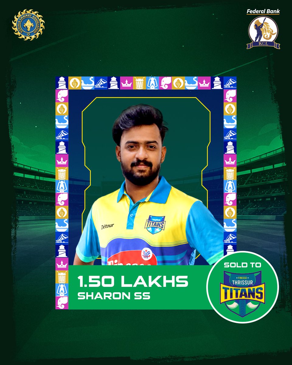 KCL_t20's tweet photo. Thrissur Titans secure Sharon SS for 1.50 Lakhs, adding another exciting name to their roster.

#kcl #aaveshaminiverelevel #season3
#keralacricketleague https://t.co/JXuHaGvbdI