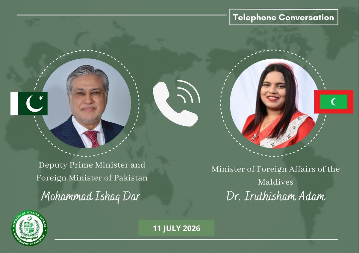ForeignOfficePk's tweet photo. Deputy Prime Minister/Foreign Minister Senator Mohammad Ishaq Dar @MIshaqDar50 held a telephonic conversation with the Foreign Minister of the Republic of Maldives, Her Excellency Dr. Iruthisham Adam. @IruthishamAdam 

DPM/FM congratulated Dr. Adam on the forthcoming 61st Anniversary of the Maldives’ Independence.

The two Foreign Ministers also exchanged views on regional and international developments. Foreign Minister Adam appreciated Pakistan’s role in mediating the Iran-US conflict.

While reaffirming their shared commitment to further strengthening the longstanding bonds of friendship and cooperation between Pakistan and the Maldives, the two leaders agreed to remain in close contact.
