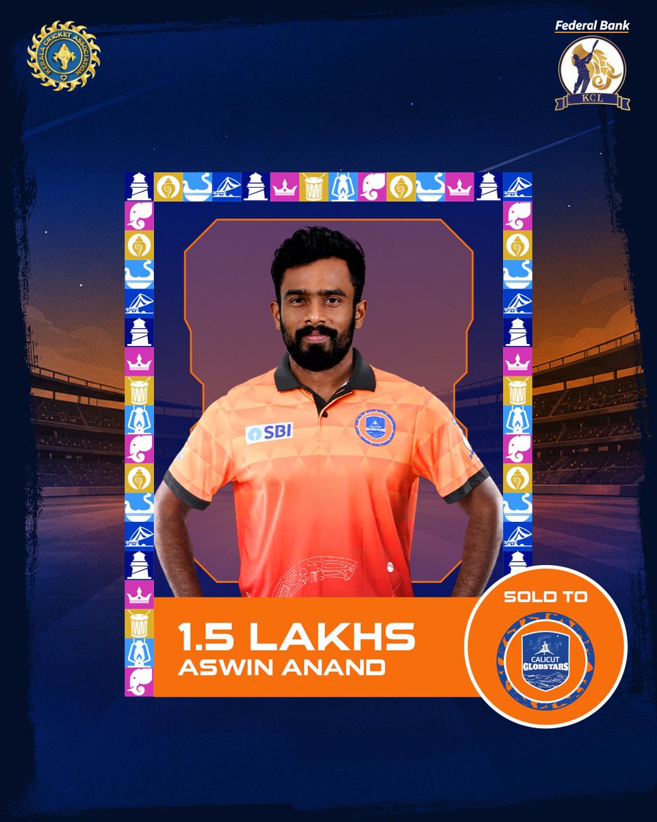 KCL_t20's tweet photo. The Calicut Globstars are back on the board!

Aswin Anand joins the squad for 1.50 Lakhs, as another exciting auction deal is sealed.

#kcl #aaveshaminiverelevel #season3
#keralacricketleague #auctionday https://t.co/irKwLVYcJN