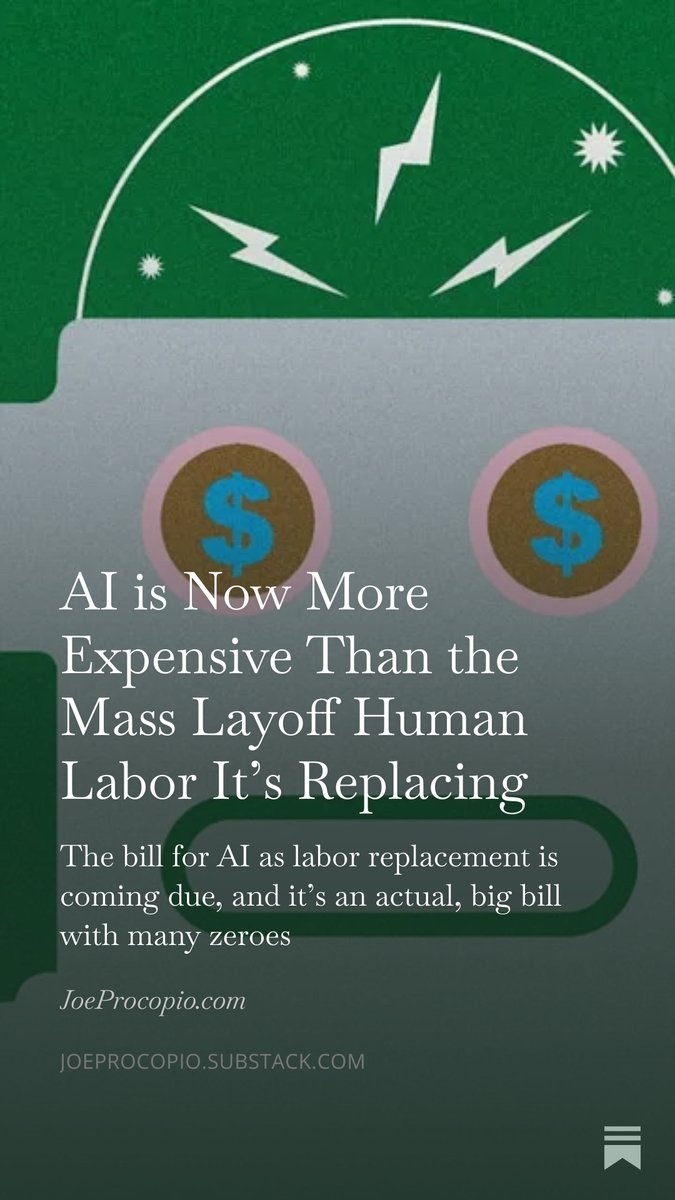 jproco's tweet photo. Uh-oh. It happened. AI is Now More Expensive Than the Mass Layoff Human Labor It’s Replacing – I’ll tell you why in today’s post

https://t.co/Qdku1pkPQK

#technology #business #work #ai #money https://t.co/fkCEPaPilz