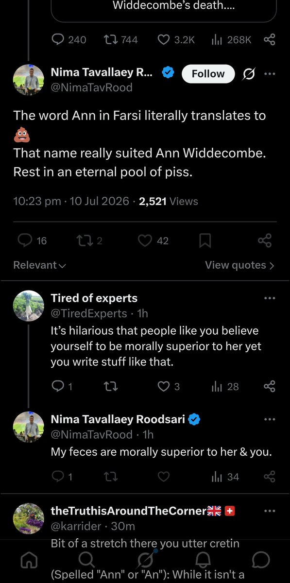 UKMediaWatchdog's tweet photo. @GBNEWS While the country reacts with shock to the horrific murder investigation of Ann Widdecombe, independent sports podcaster @NimaTavRood chose to publicly celebrate her death before blocking anyone who objected. Absolute disgrace. https://t.co/kYHZpEW09D