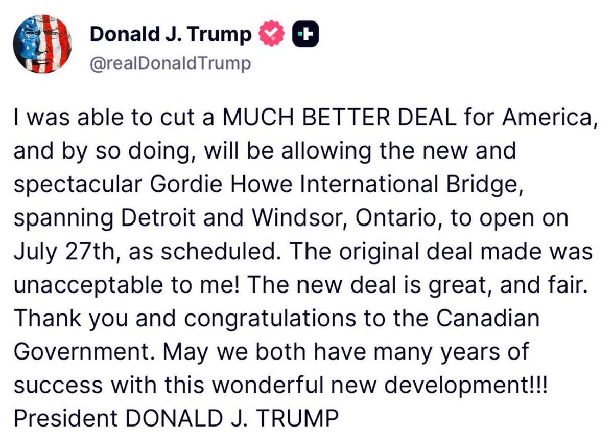 Tablesalt13's tweet photo. BREAKING

Canada to hand over 50% of toll revenue for the new Gordie Howe bridge

after paying 100% of the bridge's construction costs. https://t.co/ftn6lbar9Y