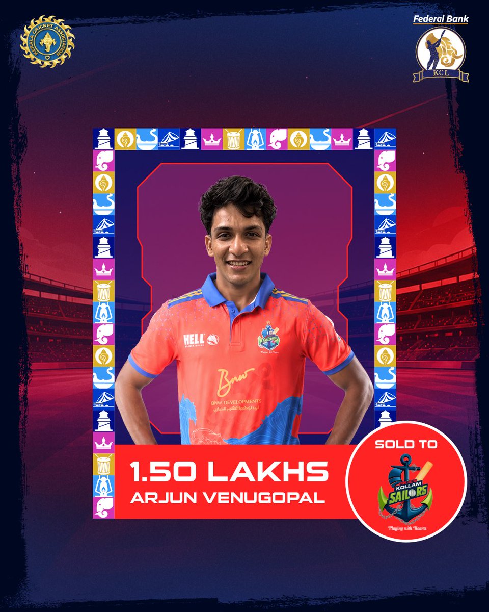 KCL_t20's tweet photo. Welcome aboard! Arjun Venugopal signs with Aries Kollam Sailors for 1.50 Lakhs.

#kcl #aaveshaminiverelevel #season3
#keralacricketleague #auctionday https://t.co/ux7z2MiO4G