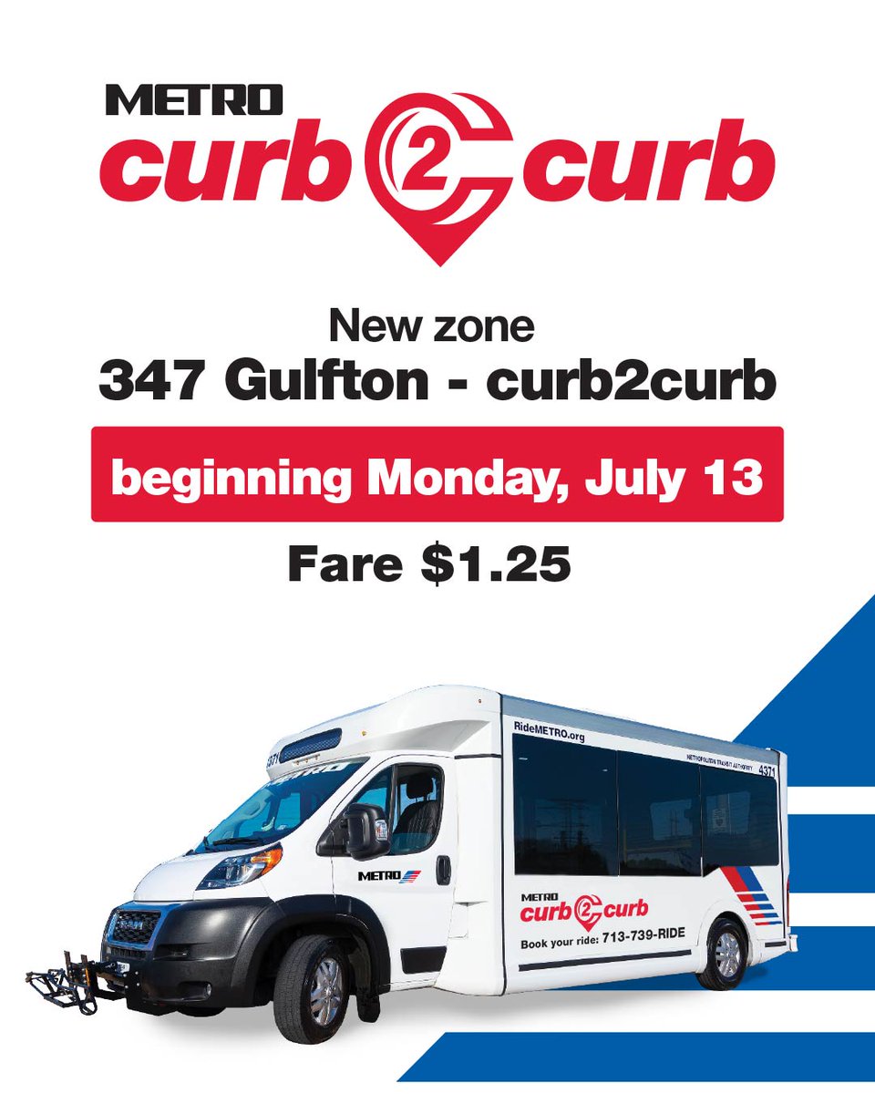 METROHouston's tweet photo. New service is coming to Gulfton!

Starting Monday, July 13, METRO curb2curb is expanding with affordable, on-demand rides to destinations within the zone and nearby METRO connections.

📱 METRO On Demand app
📞 713-739-RIDE (7433)
💲 $1.25 fare https://t.co/DOdF5ocjA6