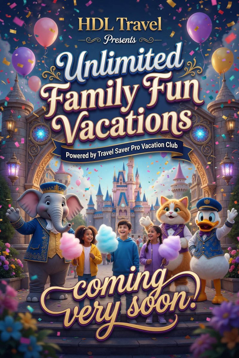 HDLPremiertravl's tweet photo. 🎢✨ COMING VERY SOON ✨🎠 
HDL Travel is about to unlock Unlimited Family Fun Vacations powered by Travel Saver Pro Vacation Club! 

Think rollercoasters, mascots, cotton candy, and memories that last forever 💖 
#HDLTravel #FamilyVacation #ComingSoon #TravelSaverPro #FamilyFun https://t.co/Vbhl1lAcyS