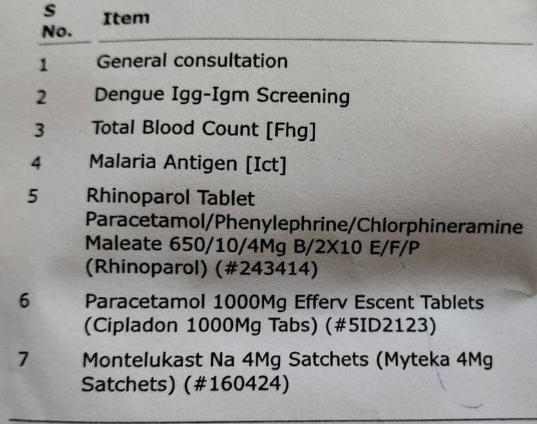 muriaso's tweet photo. Some cos aki.. this is a young adult patient with complaints of tonsilitis and swollen and painful lymph nodes but the wise Co chose to ignore the leukopenia even after ordering for the cbc and instead went to prescribe their favorite brands to treat the symptoms.
Please note the duplication of paracetamol meaning the patient takes 3650mg daily out of 4g recommended. The Montelukast prescribed here is for kids.. anyway, they said COs are better than MOs