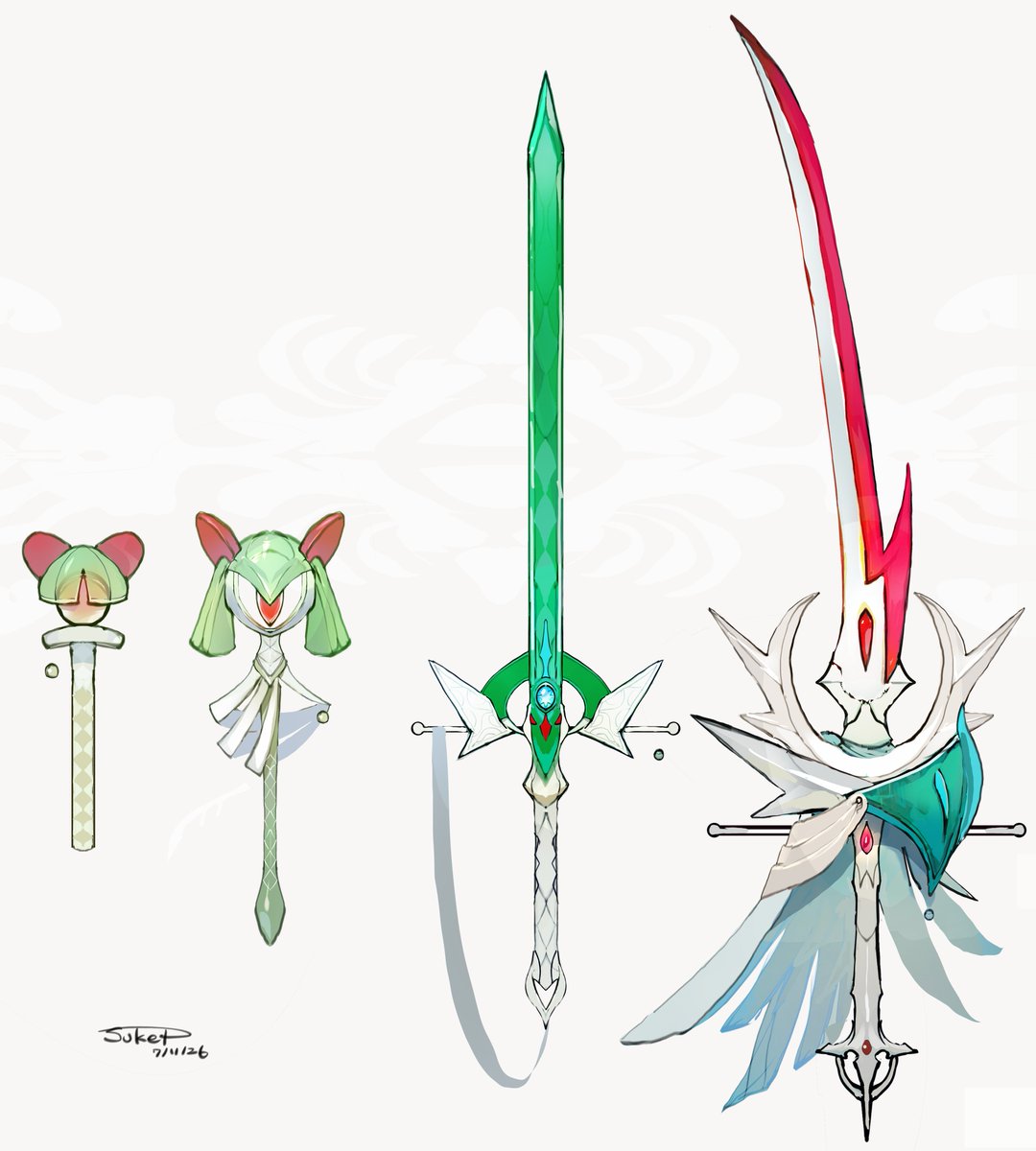 MonsterOfSukeP's tweet photo. ラルトス・キルリア・エルレイド・メガエルレイドモチーフの武器（ポケモン） https://t.co/SD26QYSrh5