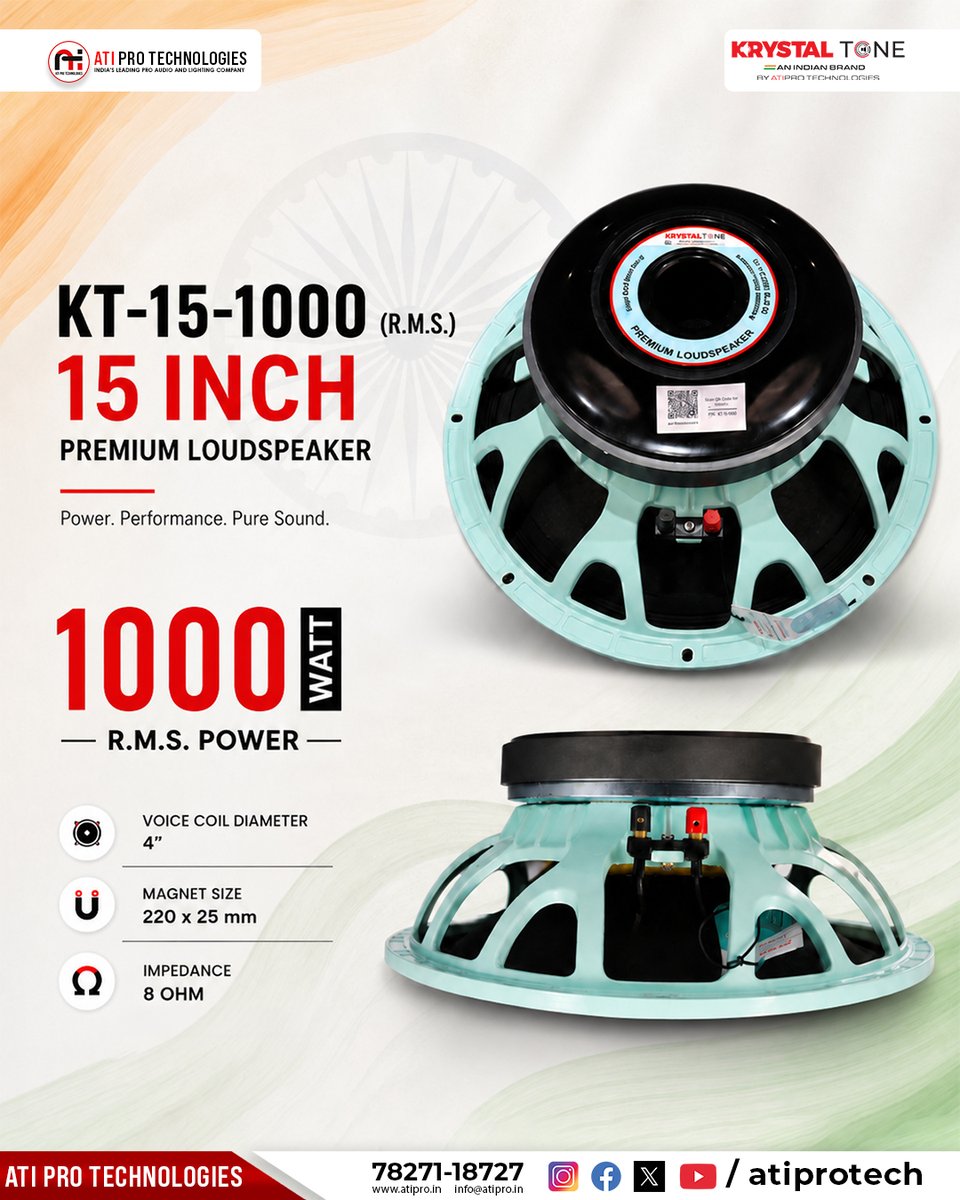 atiprotech's tweet photo. Power. Performance. Pure Sound. 🔊
The Krystal Tone KT-15-1000 delivers professional-grade audio with:
⚡ 1000W RMS Power
🌀 4" Voice Coil
🧲 220×25 mm Magnet
🎯 8 Ohm Impedance
Built for powerful, reliable sound in every professional setup.
#KrystalTone #ATIPro #KT151000 https://t.co/3NR0sOguxT