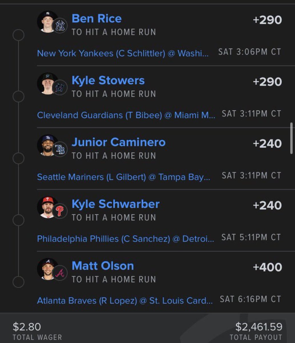grossTerr45's tweet photo. 🚨 HOME RUN LOTTO IS LOCKED IN! 💣⚾

🎯 5-Leg Home Run Parlay:
💥 Ben Rice (+290)
💥 Kyle Stowers (+290)
💥 Junior Caminero (+240)
💥 Kyle Schwarber (+240)
💥 Matt Olson (+400)

💵 $2.80 ➜ $2,461.59 🤯

High risk. Massive upside. Just five swings away from a monster payday! 🚀 Who’s riding this HR lotto with me? 👀🔥

#MLB #HomeRun #MLBPicks #SportsBetting #Baseball #HomeRunParlay #Parlay #SportsPicks #BettingCommunity #SportsTwitter #GamblingTwitter #MLBToday #LockOfTheDay #CashIt #Winning