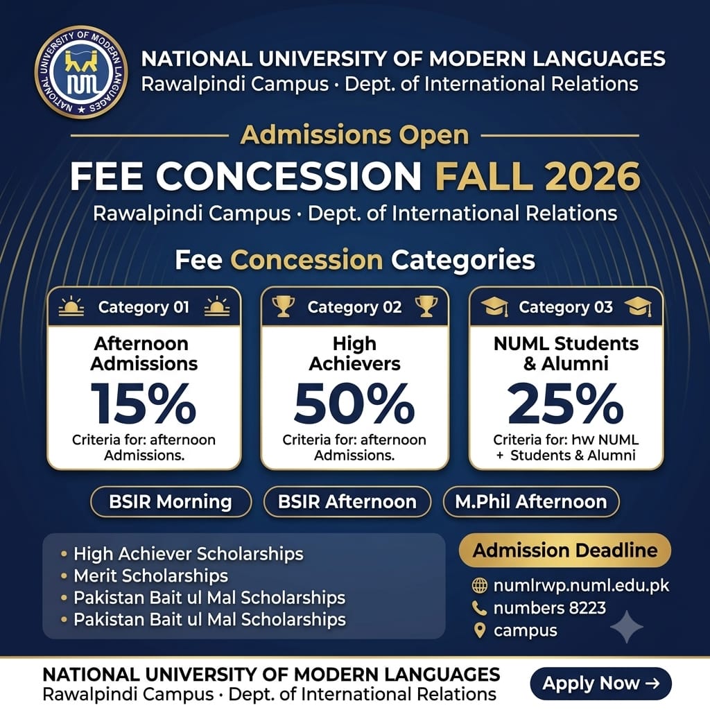 SabahatMazhar2's tweet photo. 🎓 Your degree just got more affordable! NUML Rawalpindi is offering up to 50% FEE CONCESSION this Fall 2026 — and yes, it's real.
📅 Deadline: 13 July 2026 — only days left!
🌐 Apply now: https://t.co/ZLNwvhr2VN.
Tag a friend who needs to see this 👇
#NUML #FeeConcession https://t.co/AYv4dwQQDK