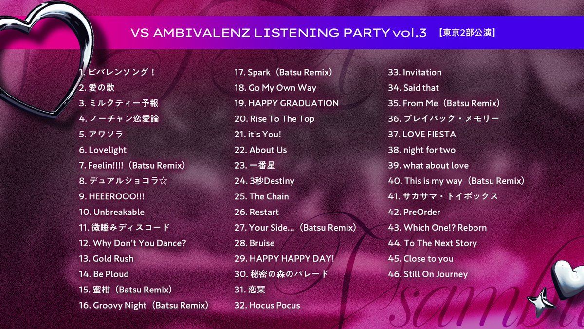vsa_official_jp's tweet photo. ◇━━━━━━━━━━━◇
　　   VS AMBIVALENZ
LISTENING PARTY vol.3💿⚡
◇━━━━━━━━━━━◇

◥◣ 全プログラム終了 ◢◤
セットリストはこちら✨

感想を #ビバレンリスパ で投稿しよう✍️

#ビバレン https://t.co/mS3NKUdc4L