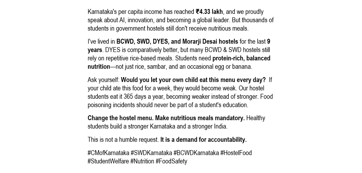 BBchatrad's tweet photo. @SWDGoK
@Captain_Mani72
@CMofKarnataka
@DHFWKA
#ChangeMenuImmediately
#ChangeTheMenu
#ReviseHostelMenu
#NutritiousMealsNow
#HealthyMealsForStudents
#FixHostelFood https://t.co/DqIwQ4Q7Zo