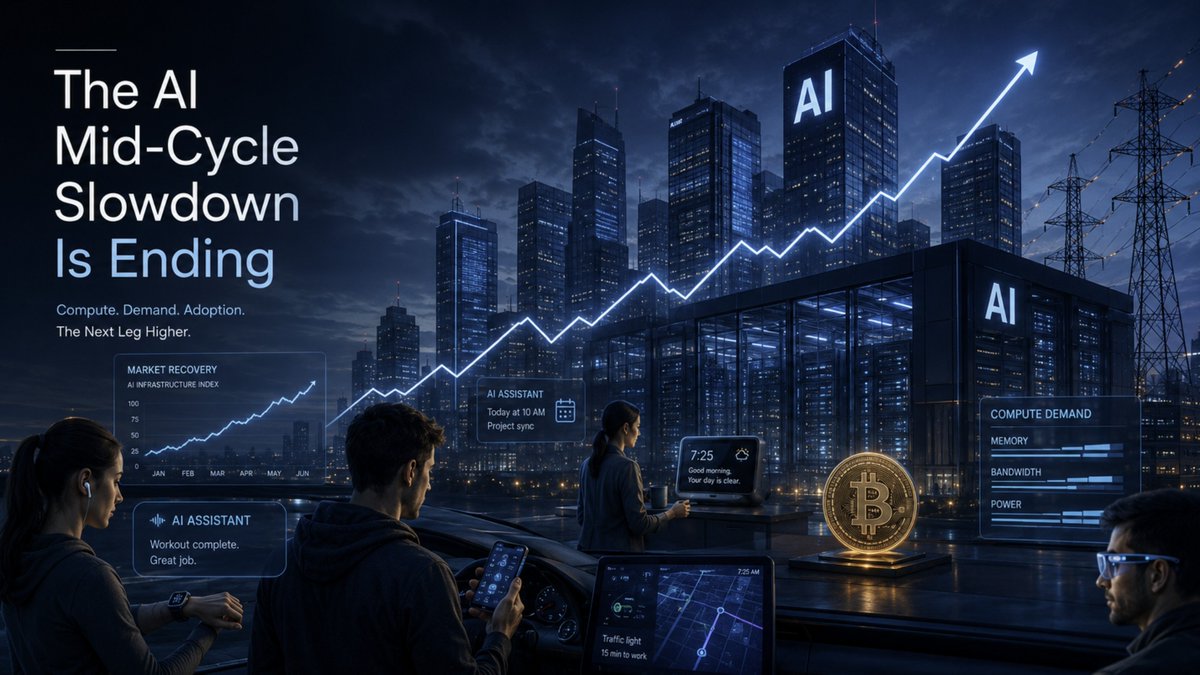 jvisserlabs's tweet photo. The surprise of he AI mid-cycle slowdown is ending.

The last several weeks were a positioning reset, not the end of the structural bull market. Leverage was flushed, semis became deeply oversold, and the narrative turned bearish just as the underlying demand story kept strengthening.

In this week’s video, I cover:

• Why exponential token demand is colliding with linear supply
• Why memory, bandwidth, power and compute remain scarce
• Why the token index is being misunderstood
• How consumer agents could create the next step-function in usage
• Why Scott Bessent told you Bitcoin, stablecoins and agentic commerce are becoming part of the same AI macro story
• What the technical reset means for the next leg higher

The correction changed positioning. It did not change the trajectory.

Watch here: https://t.co/0lrdMKEasd