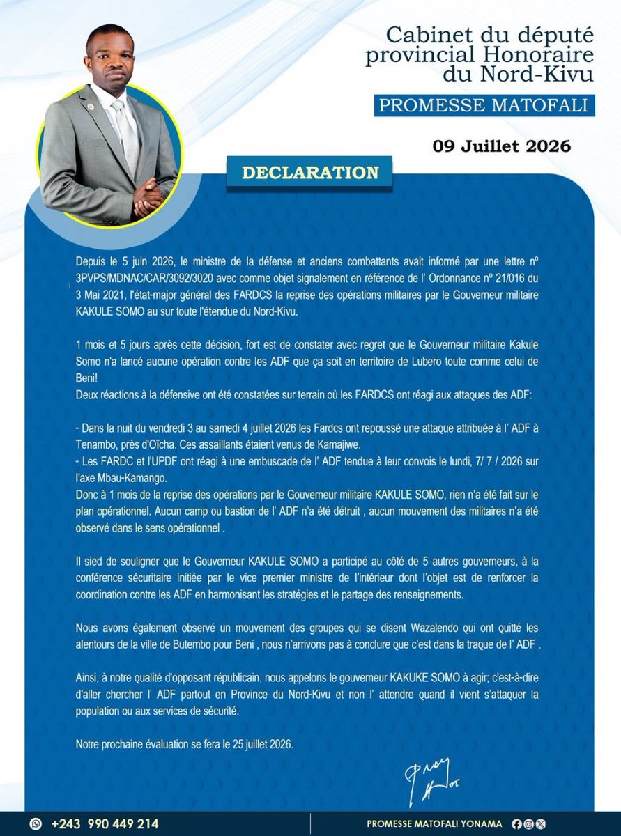 ChrisKaffeke's tweet photo. #RDC : Déclaration de l'Honorable @PrMatofali sur la situation politique et sécuritaire dans la province du Nord Kivu. https://t.co/mbtLiCl1oP