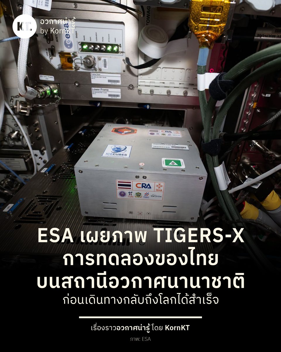 kornkt's tweet photo. 🇹🇭🛰️ องค์การอวกาศยุโรป หรือ ESA เผยภาพการทดลอง 'TIGERS-X' ของไทย บนสถานีอวกาศนานาชาติ

ภาพดังกล่าวได้รับการบันทึกโดย Sophie Adenot นักบินอวกาศชาวฝรั่งเศส ผู้ปฏิบัติภารกิจอยู่บนสถานีอวกาศฯ และได้ติดตั้งการทด���องของไทย เข้ากับ ICE Cubes Facility ในโมดูลโคลัมบัส ของสถานีอวกาศนานาชาติ

โครงการ TIGERS-X หรือ Thailand Innovative G-force varied Emulsification Research for Space Exploration เป็นโครงการศึกษาพฤติกรรมการผสมตัวของของเหลวที่ผสมกันไม่ได้ในสภาวะแรงโน้มถ่วงต่ำ บนสถานีอวกาศนานาชาติ เพื่อนำองค์ความรู้ที่ได้รับมาใช้เพิ่มพูนความเข้าใจด้านการผสมของของเหลวในกลุ่มอิมัลช��น (emulsion) และต่อยอดพัฒนากระบวนการผสมยาและเวชภัณฑ์บนโลก

ปัจจุบัน การทดลองดังกล่าวได้เดินทางกลับมาลงจอดบนโลกอย่างปลอดภัย เมื่อเดือนมิถุนายนที่ผ่านมา กับภารกิจ CRS-34 ของ SpaceX

โครงการนี้ดำเนินการโดยคณะแพทยศาสตร์ศรีสวางควัฒน ราชวิทยาลัยจุฬาภรณ์ ร่วมกับ สถาบันการจัดการปัญญาภิวัฒน์ (PIM) ศูนย์เทคโนโลยีไมโครอิเล็กทรอนิกส์ (TMEC) สำนักงานพัฒนาวิทยาศาสตร์และเทคโนโลยีแห่งชาต��� (สวทช.) สำนักงานพัฒนาเทคโนโลยีอวกาศและภูมิสารสนเทศ (GISTDA) องค์การอวกาศยุโรป European Space Agency (ESA) และ บริษัทสเปซแพลิเคชันเซอร์วิส (Space Application Services) ซึ่งโครงการวิจัยนี้ได้รับทุนวิจัยจาก สำนักงานคณะกรรมการส่งเสริมวิทยาศาสตร์ วิจัยและนวัตกรรม (ส��สว.) ภายใต้ กระทรวงการอุดมศึกษา วิทยาศาสตร์ วิจัยและนวัตกรรม (อว.)

#KornKT #อวกาศน่ารู้