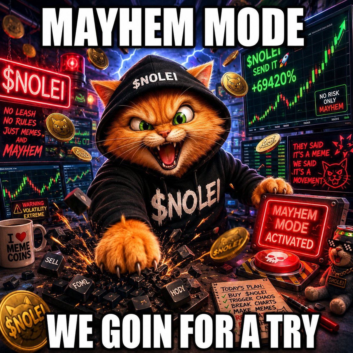 NoLeiLeft's tweet photo. Mayhem Mode: activated. ☠️🐈We don’t know what’s about to happen.Neither does the cat.$NOLEI is giving the chaos button a test https://t.co/a6rOvIoJum promises. No predictions. Just memes, volatility and very questionable decisions.Let’s see what this thing does.$NOLEI ⚡🐈‍⬛#NOLEI #Memecoin #MayhemMode #CryptoMeme #Solana