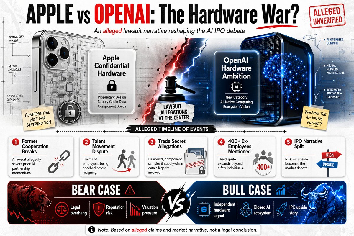 immrape's tweet photo. Apple sued OpenAI. Partnership dead.

OpenAI coached Apple staff to mass-download trade secrets pre-quitting. 400+ named. Key defendant: Tang Tan, ex-Apple VP now at OpenAI hardware.

Drops amid IPO prep.
Bears: legal drag, valuation hit.
Bulls: confirms own hardware = IPO up. https://t.co/42G0FyAtug