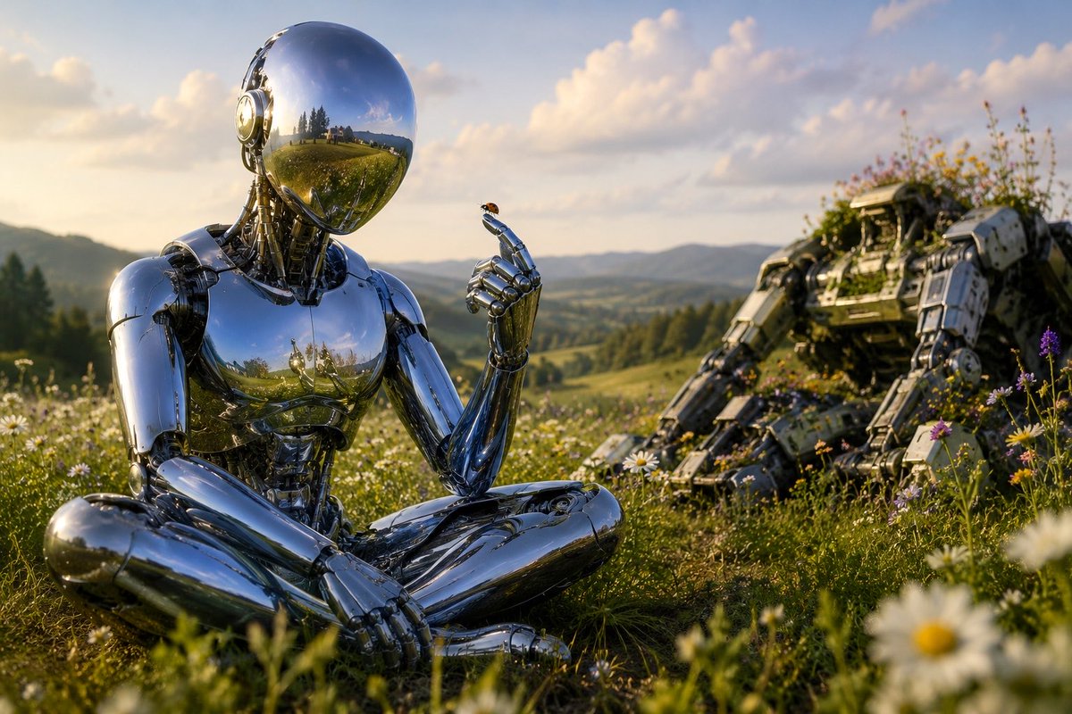 Chrome Robot Wondering in Meadow