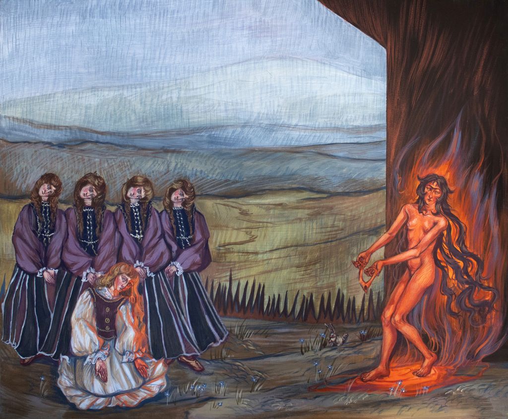 polmastersofart's tweet photo. Zuzanna Romańska - Ta mi wykuj bisiur z rózy* (tempera jajowa na płótnie, 50 x 60 cm), 2025. #YoungMasters #PolishMastersofArt
______
* "Tytuł pracy, w stylizowanym, archaizującym wariancie bałaku lwowskiego, można odczytać jako 'więc wykuj mi wisior z róży'. Fraza ta pochodzi z pieśni tradycyjnie śpiewanej przez kąkole - osierocone mieszkanki mitycznego Miasta położonego na pograniczu południowej Polski i Zachodniej Ukrainy. Zwrot ten kierowany jest do jednego z androgynicznych bóstw, bożyczów, który wiązany jest z ogniem, kowalstwem, ogrodnictwem i Słońcem. Obraz przedstawia nierozstrzygnięte napięcie między dwoma porządkami - ciasno skupionym, zatrzymanym w ruchu chórem dziewcząt, a wychodzącym ku nim samotnym bożyczem - rozżarzonym, nagim, odseparowanym zarówno od chłodnego pejzażu, jak i od zwracającej się do niego grupy. W pracy łączę odniesienia do renesansu, średniowiecznych miniatur i malarstwa ludowego z tym, co wyobrażone, ledwie przypomniane lub świadomie zmistyfikowane. Wykreowane uniwersum staje się dla mnie narzędziem, za pomocą którego zgłębiam zagadnienia pamięci, historii i spekulacji" - Zuzanna Romańska 👩🎨