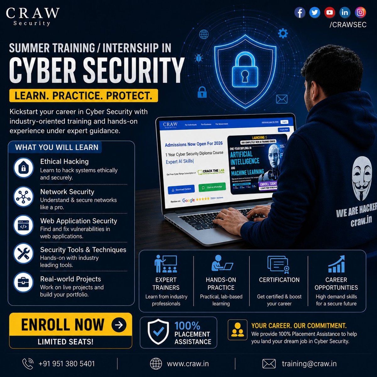 crawsec's tweet photo. 🔐 Train. Practice. Get Hired.
Kickstart your Cyber Security career with Craw Security's Summer Training & Internship Program.
📍 Online & Offline Batches
📞 +91 9513805401
🌐 https://t.co/R4zvT1DOfh
#CyberSecurity #EthicalHacking #SummerTraining https://t.co/MX0HIDjHue