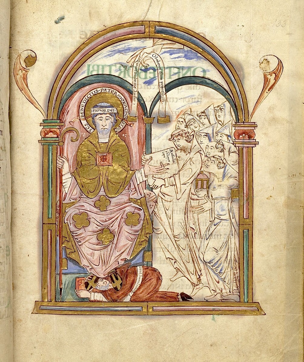 red_loeb's tweet photo. 11th of July is the feast of St Benedict. Here the monks are holding a copy of St Benedict's rule, and Eadui Basan is at his feet.   

BL Arundel 155; 'The Eadui Psalter'; England, S. E. (Canterbury, Christ Church); between 1012 CE and 1023 CE; f.133r @BLMedieval https://t.co/3BSd0aEx3O