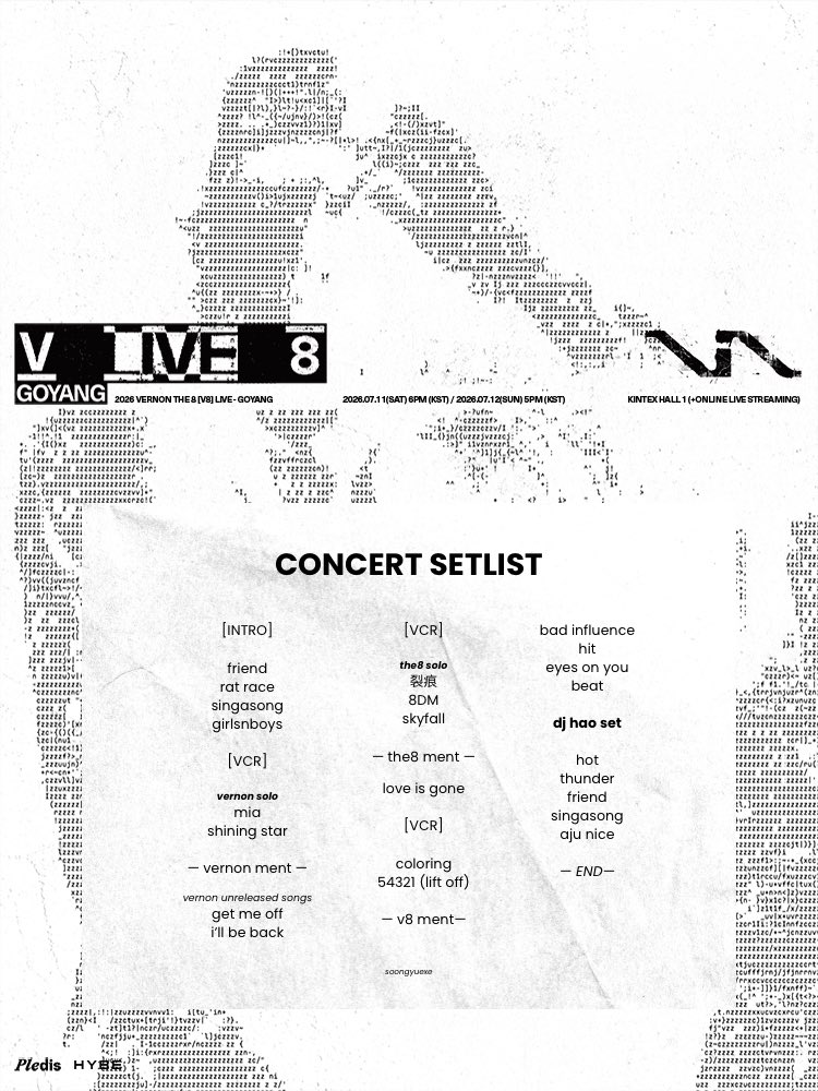 soongyuexe's tweet photo. VERNON X THE 8 'V8' LIVE IN GOYANG 
CONCERT SETLIST

#V8_고양으로_시동걸자 
#V8_LiveInGoyang
@pledis_17 https://t.co/Lz1cX64GjH