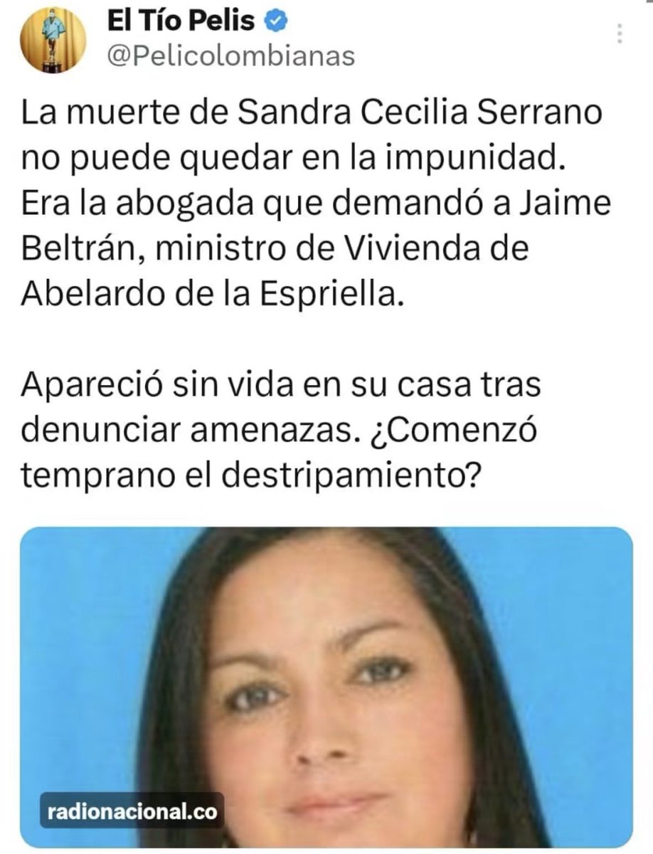 Eclides3's tweet photo. Iniciamos la época nefasta y asesina del Fascismo?
La muerte de Sandra Cecilia Serrano Rodríguez, la abogada que  demandó por doble militancia a Jaime Andrés Beltrán, exalcalde de la ciudad y futuro Ministro de Vivienda del Filipichín, no puede quedar en la impunidad. https://t.co/vwiuaxuCz9