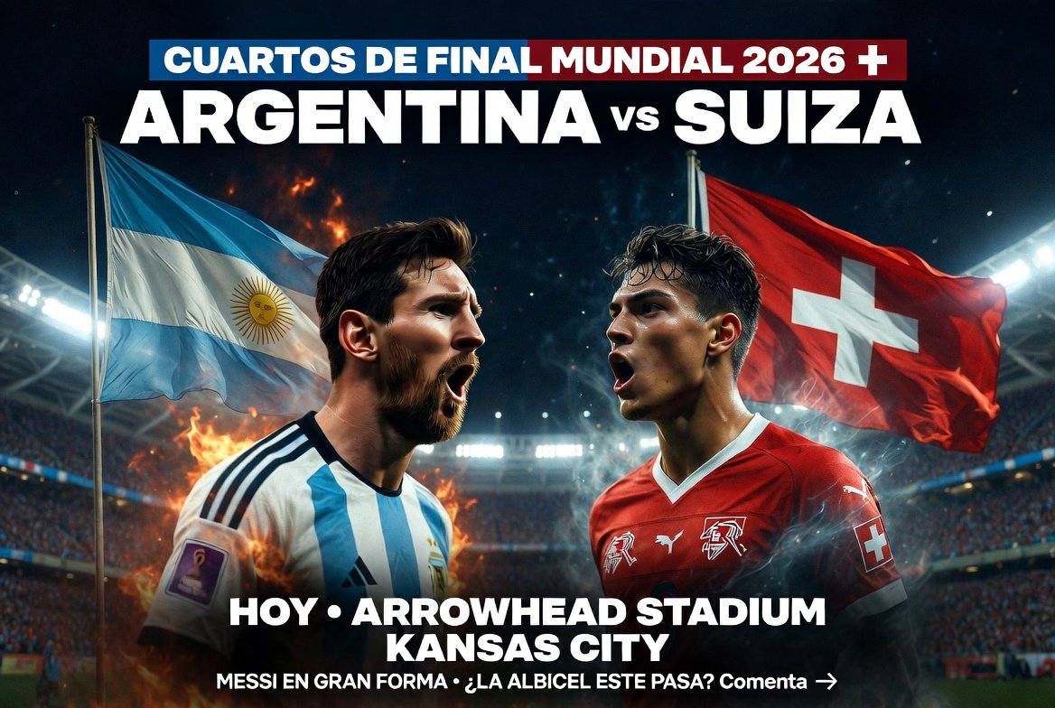 Melvin_rod2's tweet photo. 🔥 ¡LA ALBICEL ESTE BUSCA LA SEMIFINAL! 🔥

🇦🇷 ARGENTINA vs 🇨🇭 SUIZA
📍 Arrowhead Stadium - Kansas City
⏰ HOY 22:00 (Argentina)

⭐ Messi en llamas (¡hat-trick en este estadio!)
⭐ Remontadas épicas vs Egipto y Cabo Verde
⭐ Suiza en cuartos por primera vez desde 1954

¿La Scaloneta pasa sin problemas o Suiza hace historia?  
Comenta tu pronóstico y etiqueta a tu amigo 🇦🇷👇

#Mundial2026 #Argentina #Suiza #Messi #CuartosDeFinal #LaScaloneta