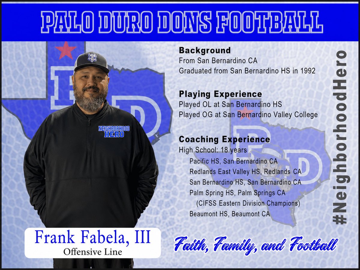 Eric_Mims_Sr's tweet photo. Help me welcome Coach Fabela to the staff.
Go Dons!!!
#NeighborhoodHeroes
#NorthsidePride
#OurTurn https://t.co/MI2ohzWnHC