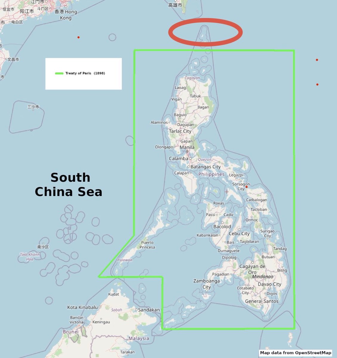 TheRoadBook's tweet photo. @JosephSomsel “The map from that treaty is below. ”

On the location of  Batanes Islands, are you sure you are not mistaken?  On the map of the Treaty of Paris you attached, the islands are outside the green lines 😂 https://t.co/8I9aB7HsKH
