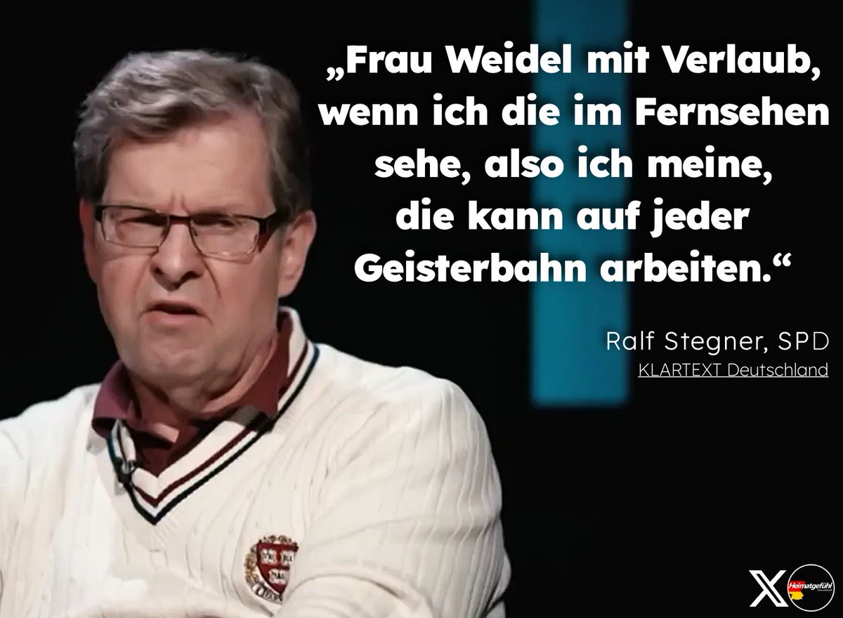 HeimatliebeDE's tweet photo. Ralf Stegner beleidigt Alice Weidel in der Sendung „Klartext Deutschland“.

Hätte ein AfD-Politiker so etwas über eine SPD-Politikerin gesagt, zum Beispiel über Saskia Esken oder Bärbel Bas, würden die Medien toben. Man würde dem AfD-Politiker sofort Misogynie (Frauenhass) unterstellen.

Doppelmoral sondergleichen.