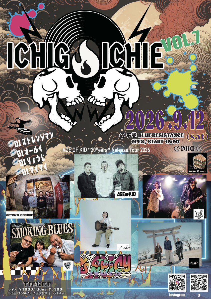 ruizon21's tweet photo. ICHIGOICHIE Vol.7

AGE OF KID
2nd Album "20 Years" Release Tour 石巻編🔥

2026.09.12(sat)
@ BLUE RESISTANCE

AGE OF KID
buff the Bergamo
Liho
セパゾン
GET ON THE BRIDGE 🆕
SMOKING BLUES 🆕
Spicy The Nuts 🆕 https://t.co/aDIOpSW125