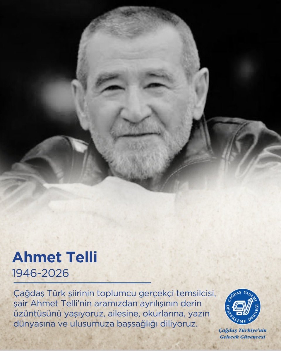 CagdasYasamDD's tweet photo. Çağdaş Türk şiirinin toplumcu gerçekçi temsilcisi, şair Ahmet Telli’nin aramızdan ayrılışının derin üzüntüsünü yaşıyoruz, ailesine, okurlarına, yazın dünyasına ve ulusumuza başsağlığı diliyoruz.

#ÇağdaşYaşamıDesteklemeDerneği https://t.co/42hD9zNeKx