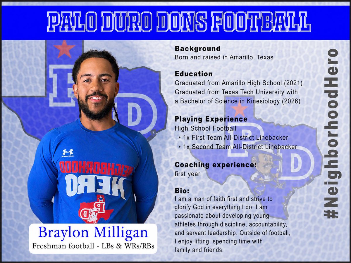 PaloDuroDonsFB's tweet photo. Help me welcome Coach Milligan to the staff.
Go Dons!!!
#NeighborhoodHeroes
#NorthsidePride
#OurTurn https://t.co/MQ8BC4eZf4