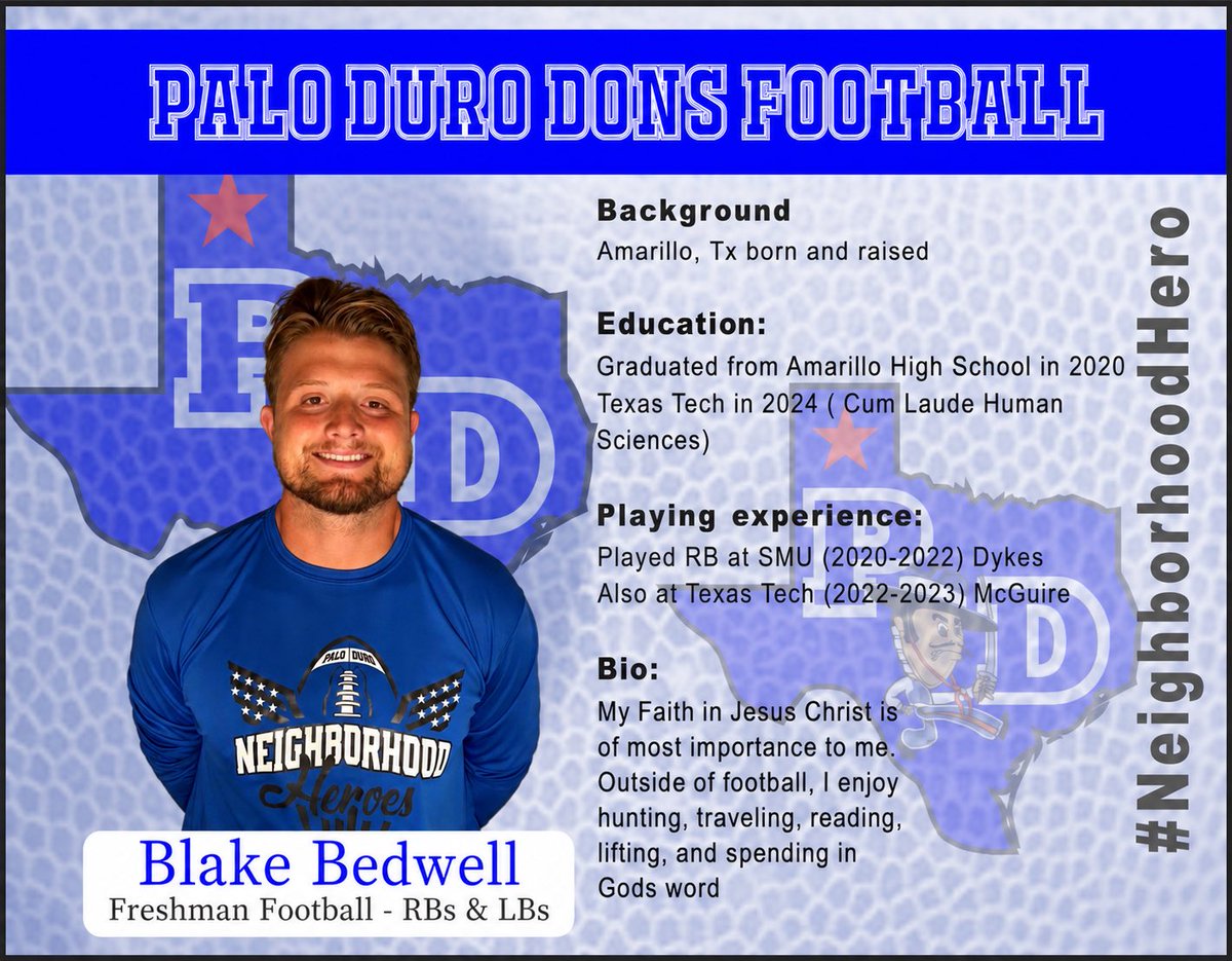 PaloDuroDonsFB's tweet photo. Help me welcome Coach Bedwell to the staff.
Go Dons!!!
#NeighborhoodHeroes
#NorthsidePride
#OurTurn https://t.co/cMIjl39Mgo
