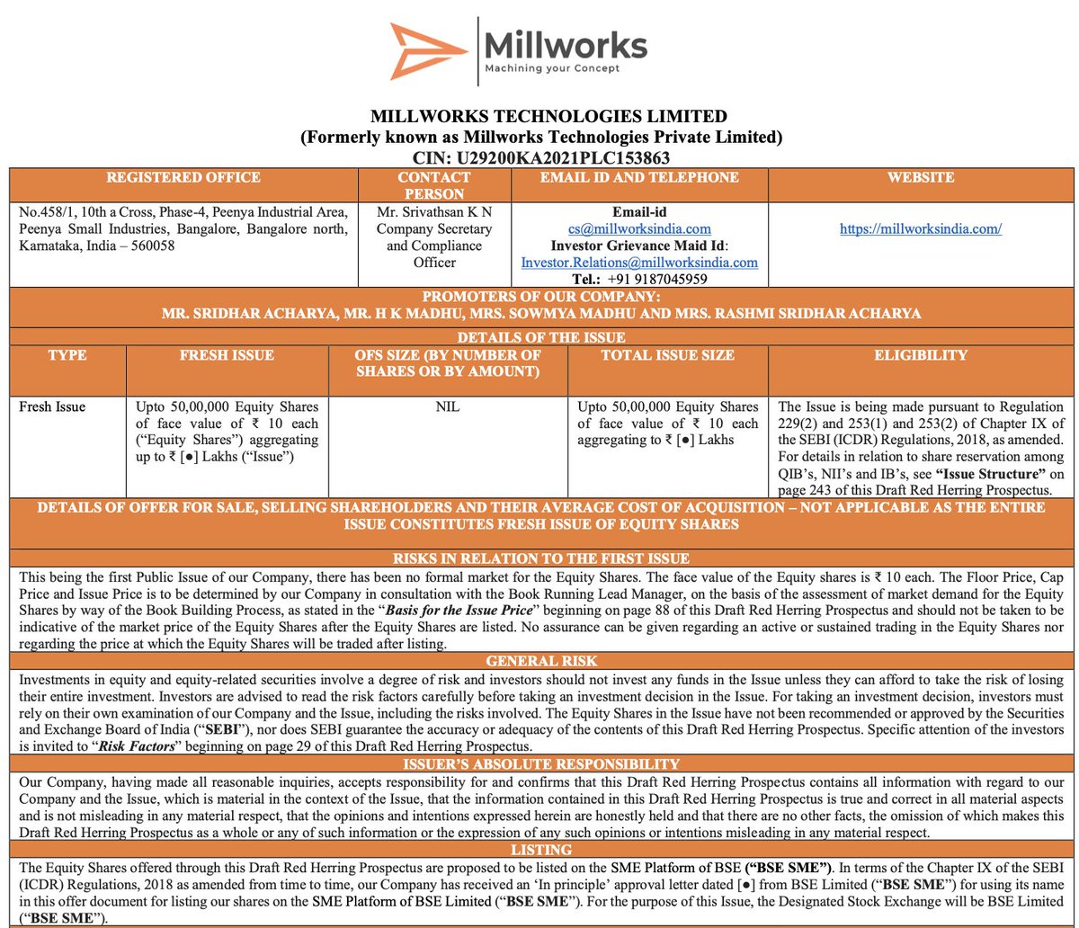 Akash17971's tweet photo. MILLWORKS TECHNOLOGIES SME IPO 💥🧾💥

IPO Opens: 14th July 2026
IPO Closes: 16th July 2026
Listing: 21st July 2026 (Tentative)
Price Band: ₹315–331
Current GMP: ₹400

Millworks Technologies is a precision engineering company manufacturing high-accuracy machined components, sheet metal parts and integrated assemblies used in Defence, Aerospace, Railways and Semiconductor industries. 

The company operates under both Build-to-Print (BTP) and Build-to-Spec (BTS) models, allowing it to manufacture products exactly as per customer drawings or develop components based on performance specifications.

They currently operate 4 advanced manufacturing facilities in Bengaluru equipped with 3-axis, 4-axis & 5-axis CNC machining centres, CNC turning & turn-mill centres, Wire EDM, fibre laser cutting, CNC press brakes, welding stations and dedicated assembly & inspection facilities.

Business Segments
🔹 Defence
Manufactures missile airframe components, guidance system housings, hydraulic cylinder parts, structural brackets and several mission-critical precision components.

🔹 Aerospace
Manufactures precision machined components and sub-assemblies used in aero engines.

🔹 Railways
Manufactures train control components along with metro and railway door system components, actuators and precision assemblies.

🔹 Semiconductor
Supplies precision engineered components, machine base frames, fixtures, alignment plates and equipment housings used in semiconductor manufacturing equipment.

Some key strengths of the business:
1. Precision engineering capabilities across multiple materials.
2. High-end manufacturing infrastructure.
3. Certified quality management systems.
4. Export-oriented business with global customer relationships.
5. Dedicated R&D team.
6. Experienced management and skilled engineering workforce.
7. Order Book of ₹95.94 crore (as on January 2026), providing good execution visibility.

IPO Proceeds
The company plans to use the IPO proceeds mainly for:
🔹 Purchase of new Plant & Machinery – ₹61.03 crore
🔹 Working Capital – ₹81.50 crore

Remaining amount for general corporate purposes.
Financial Highlights

Revenue has grown from ₹22.42 crore in FY25 to ₹153.40 crore in FY26, while PAT increased from ₹5.25 crore to ₹37.06 crore.

FY26 EBITDA stood at ₹56.30 crore with an EBITDA Margin of 36.71%.

Other important numbers:
🔹 ROE – 69.94%
🔹 ROCE – 56.44%
🔹 PAT Margin – 24.91%
🔹 Debt/Equity – 0.21

Valuation
The IPO is coming at around 15.7x Post Issue PE, while listed peers like Azad Engineering and Unimech Aerospace trade at significantly higher valuation multiples.

📌 My View
Millworks Technologies operates in four structurally growing sectors - Defence, Aerospace, Railways and Semiconductor manufacturing. 

The company has demonstrated exceptional growth in FY26, maintains strong profitability, has a healthy order book and is raising capital primarily for business expansion rather than promoter exit. 

Overall, it appears to be one of the more interesting SME manufacturing IPOs in the precision engineering space.

Disclaimer
No recommendations. For Educational purposes only.