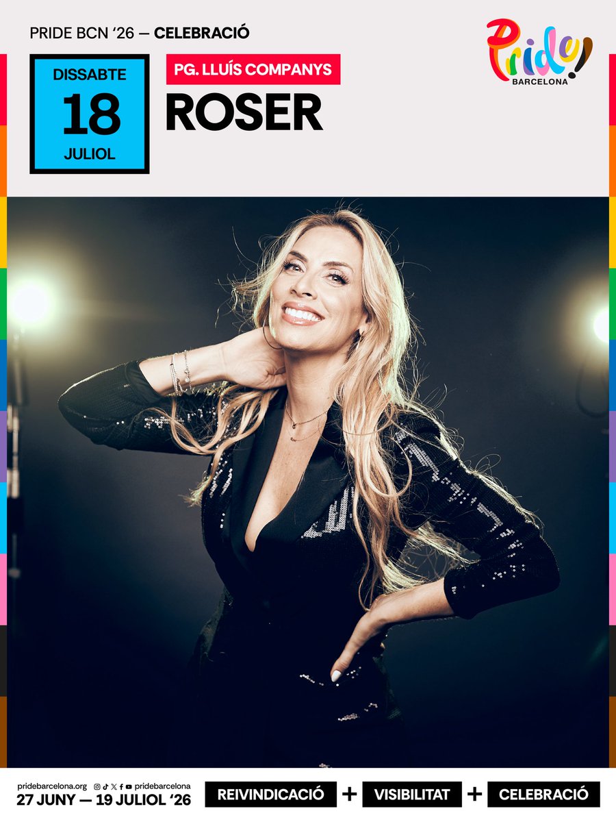 PrideBarcelona's tweet photo. 🎤 Roser arriba a Pride Barcelona!

@RoserMR cantant, compositora i presentadora, ha construït una trajectòria que l’ha convertit en una de les veus més reconegudes del pop català.

Ens veiem el 18 de juliol al Pg. Lluís Companys! 🏳️‍🌈🏳️‍⚧️

#PrideBarcelona2026 #Orgull https://t.co/nNfWwZbuDb