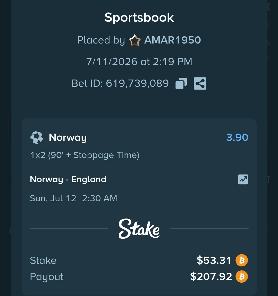 Amar01950's tweet photo. @StakeIND Prediction: England to score the first goal ⚽🏴
Stake Username: Amar1950
Bet ID: [ sport:619739089]
Good luck everyone! 🍀💰 https://t.co/I7PrkXq14v