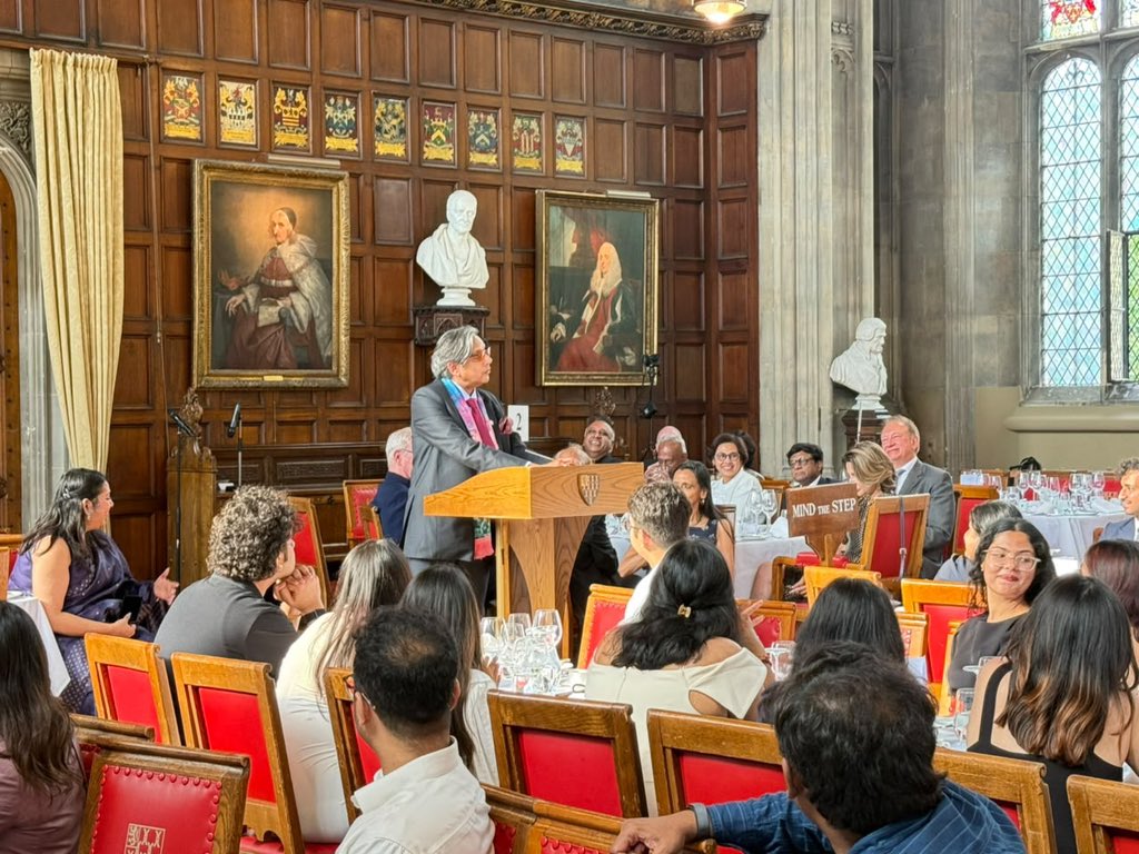 ShashiTharoor's tweet photo. Yesterday in London, gave a “distinguished public lecture” at the imposing Great Hall of @lincolnsinn on the role of our living constitution in shaping Indian democracy. After my speech there were interesting comments by @ptrmadurai , followed by a discussion with him and the largely student audience, moderated by @JindalGlobalUNI Vice-Chancellor C.RajKumar.