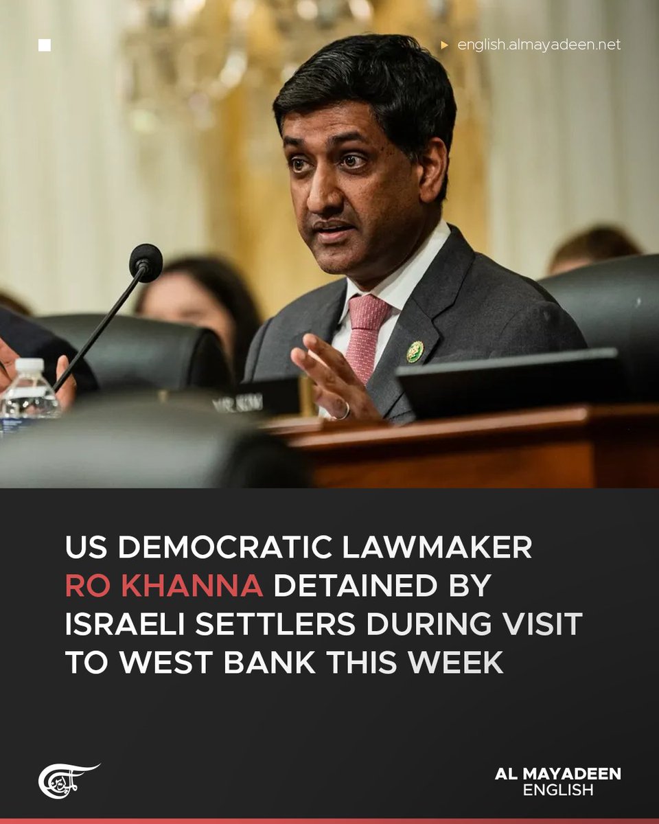 MayadeenEnglish's tweet photo. US Representative Ro Khanna stated that he was held by armed Israeli settlers carrying US-made rifles during a trip to the West Bank during the past week. 

In a Thursday interview with Reuters, Khanna recounted an incident from the previous day in the southern West Bank, a region plagued by Israeli settler violence. He explained that a group of settlers carrying M4 rifles surrounded his delegation's vehicle.

"We were at a village that Israeli settlers had destroyed, they had destroyed the school, they had destroyed that village, and we were just looking at it," Khanna noted.

"And these hoodlums come in with machine guns, M4, an American-made machine gun, and they detain us. They block off the road. And then they call the IDF and the IDF is on their side, not on the side of the Americans," the lawmaker added, speaking on the role of the Israeli military.

According to delegation member and congressional aide Cameron Kasky, the group was held for over an hour, prompting them to contact the US Embassy in al-Quds for emergency assistance. Kasky added that the situation was eventually resolved when a contingent of officers, appearing to be police, stepped in and secured their release.

#Palestine #WestBank #UnitedStates #RoKhanna #AlMayadeen